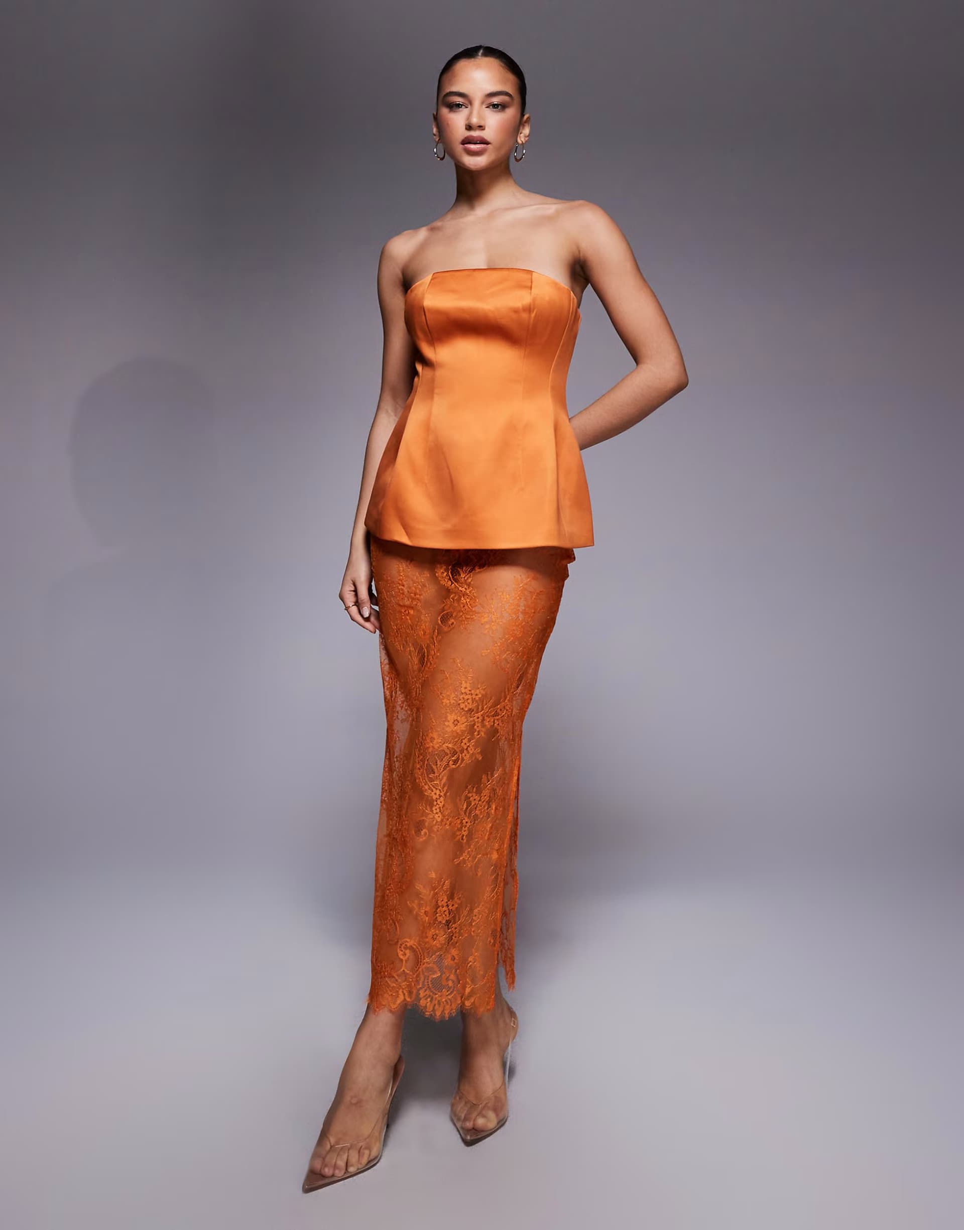 ASOS ASOS DESIGN co-ord premium structured satin peplum hem bandeau top & lace skirt in orange
