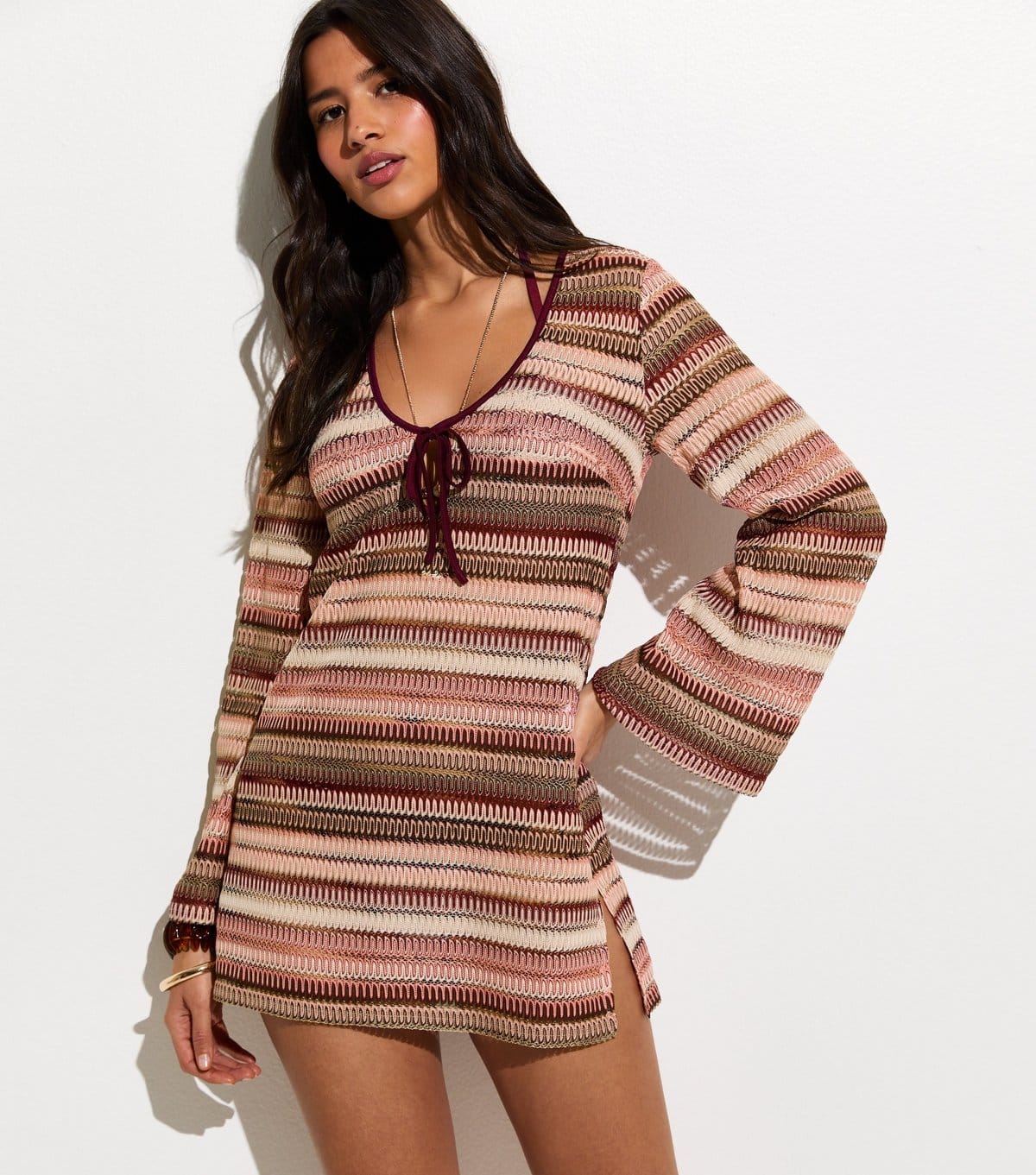 New Look Pink Stripes Crochet Kaftan Beach Mini Dress