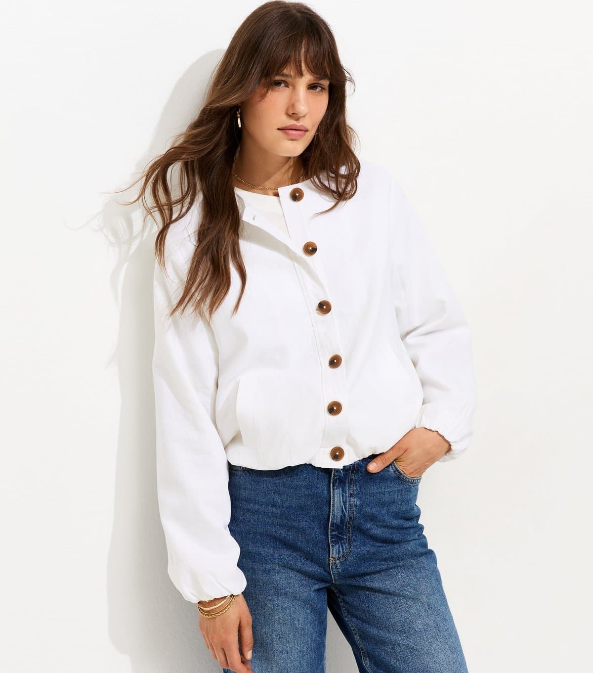New Look Women's Tall White Linen Blend Button Through Bomber Jacket New Look