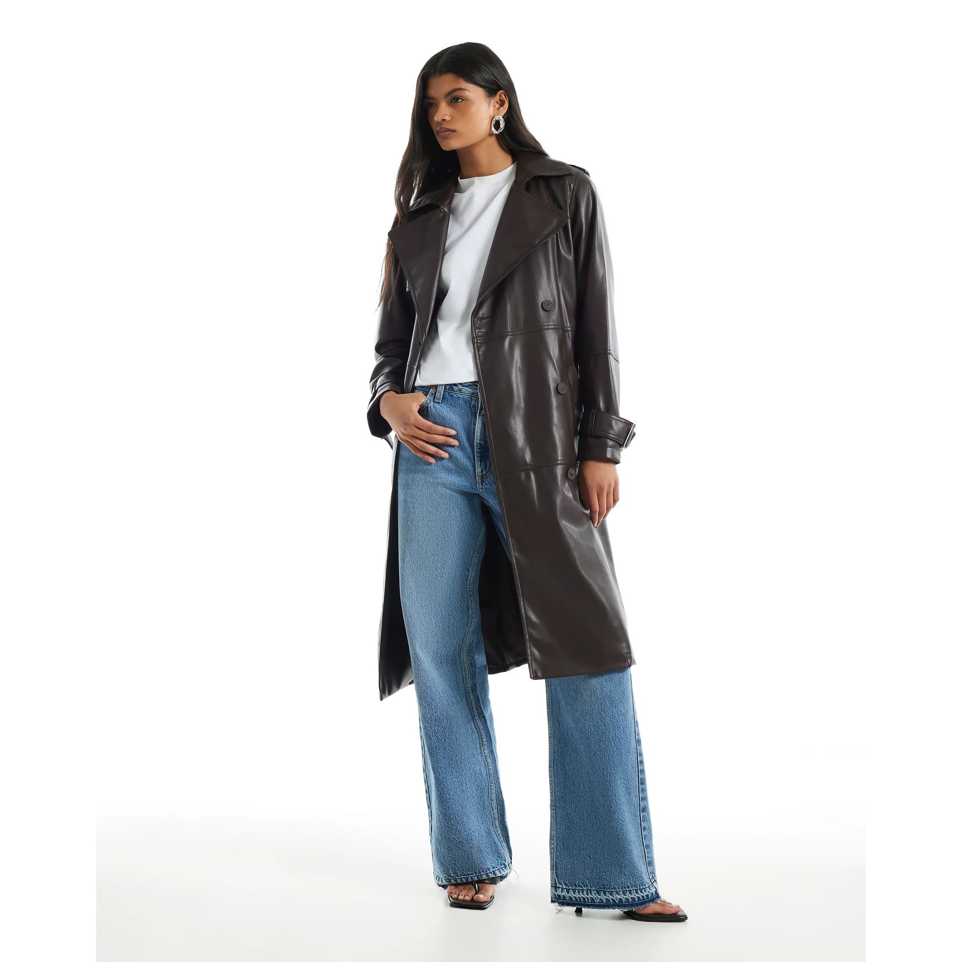 River Island River Island Womens Brown Faux Leather Double Breast Trench Coat