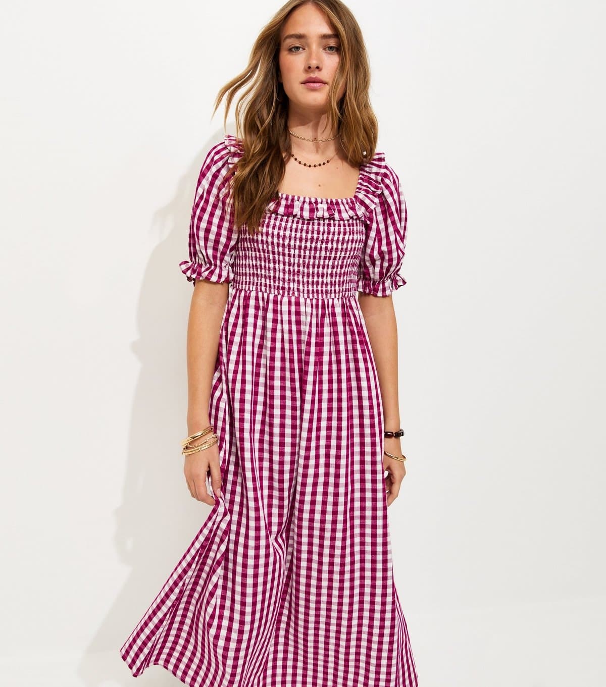 New Look Women's Red Cotton Blend Short Sleeve Gingham Shirred Frill Midi Dress New Look