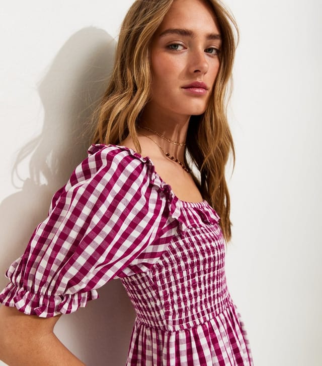 New Look Women's Red Cotton Blend Short Sleeve Gingham Shirred Frill Midi Dress New Look - 2