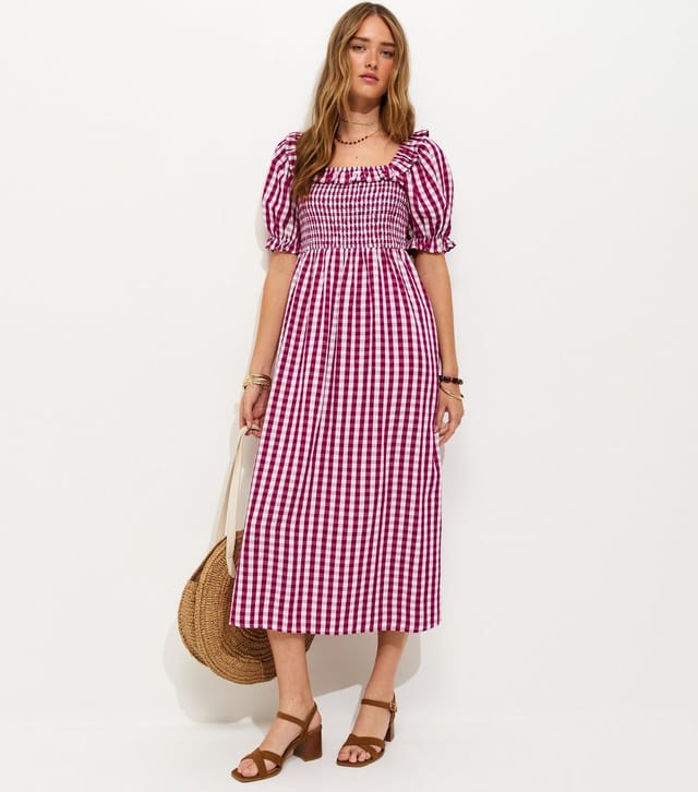 New Look Women's Red Cotton Blend Short Sleeve Gingham Shirred Frill Midi Dress New Look - 3