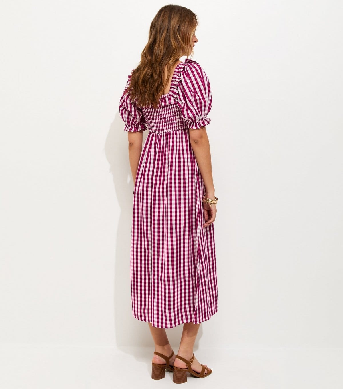 New Look Women's Red Cotton Blend Short Sleeve Gingham Shirred Frill Midi Dress New Look - 4