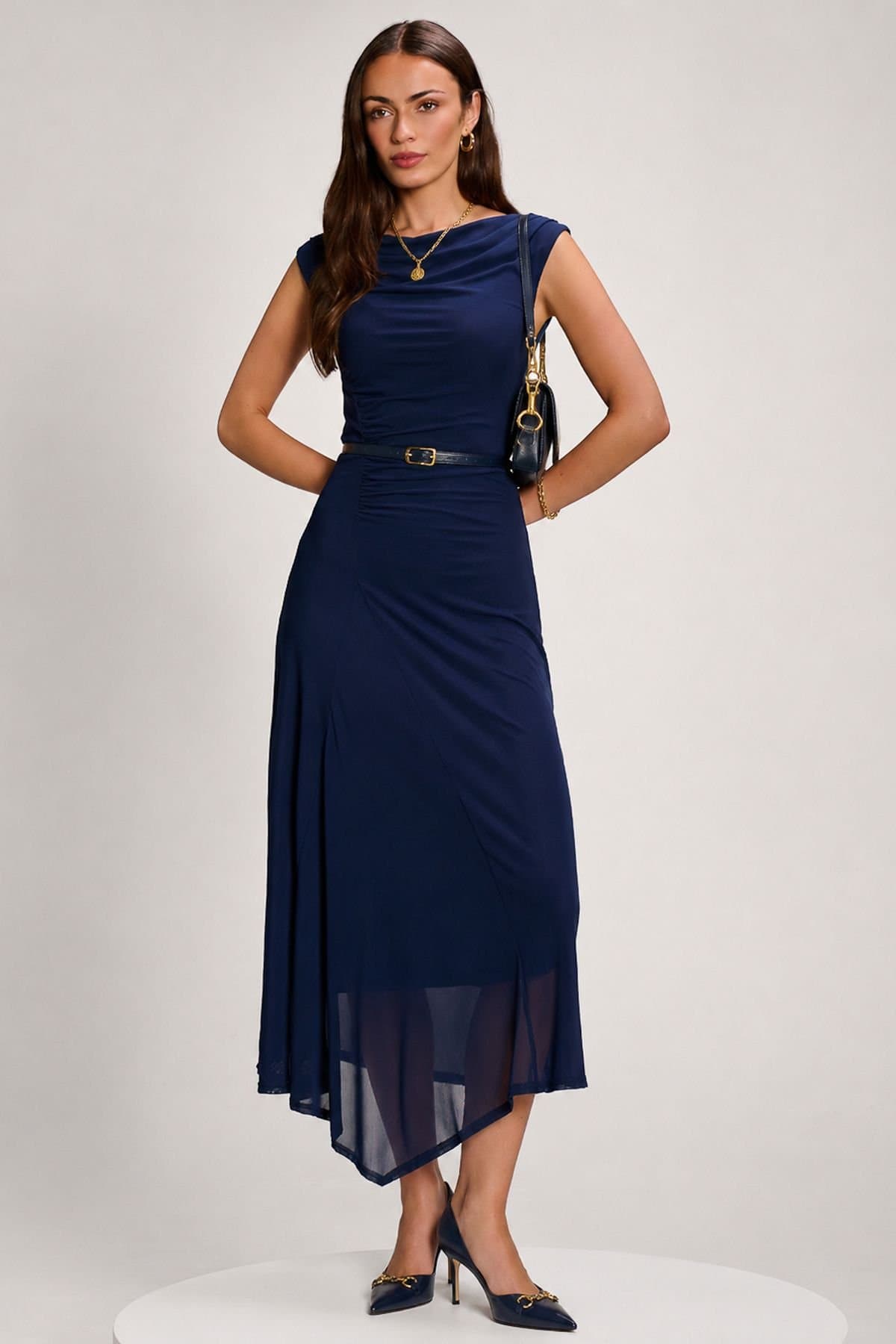 Jolie Moi Jolie Moi Women's Asymmetric Draped Mesh Maxi Dress in Navy