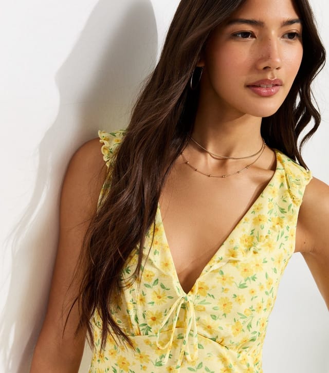 New Look Women's Yellow Floral Print Ruffle Trim V-Neck Mini Dress New Look - 2