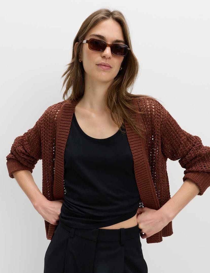 Marks & Spencer M&S Cotton Blend Open Stitch Relaxed Cropped Cardigan Conker - 1