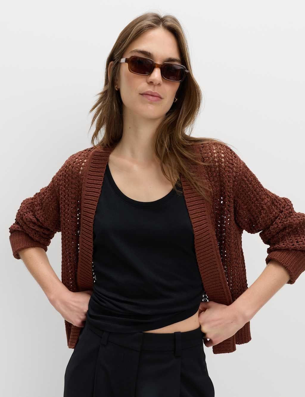 Marks & Spencer M&S Cotton Blend Open Stitch Relaxed Cropped Cardigan Conker - 1