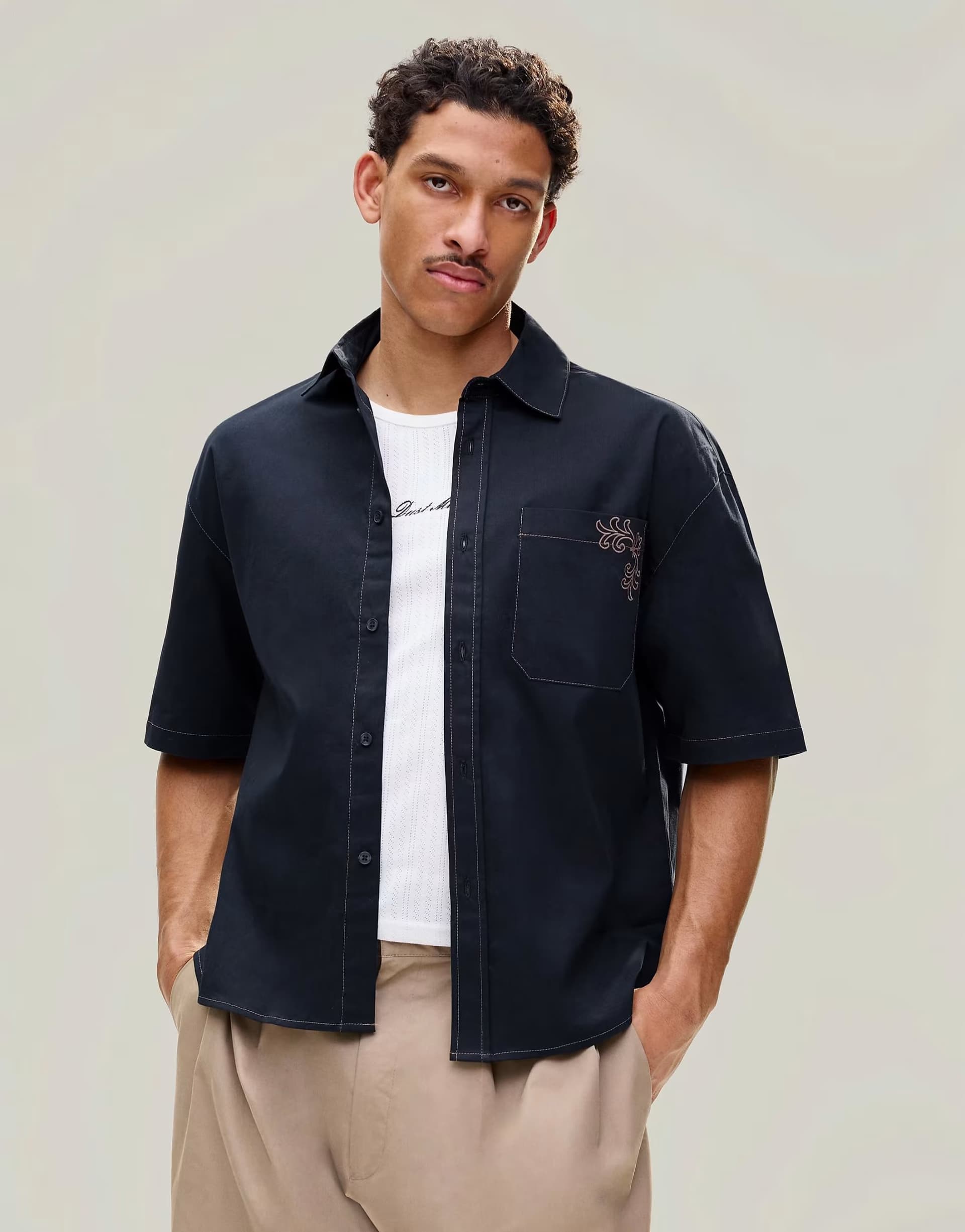 ASOS Bershka Oversize embroidered short sleeve shirt in blue