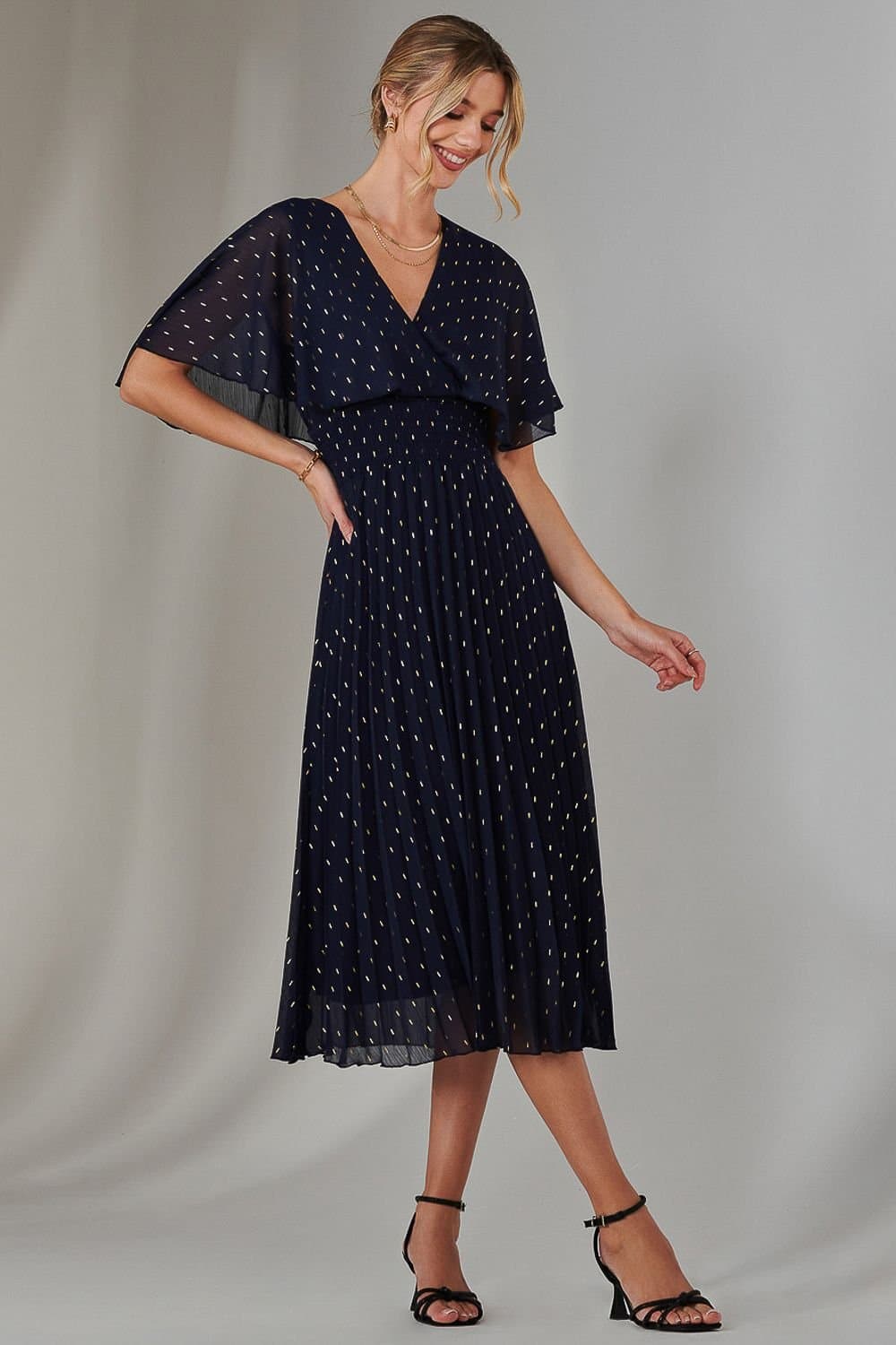 Jolie Moi Jolie Moi Women's Metallic Spot Chiffon Pleated Dress in Navy
