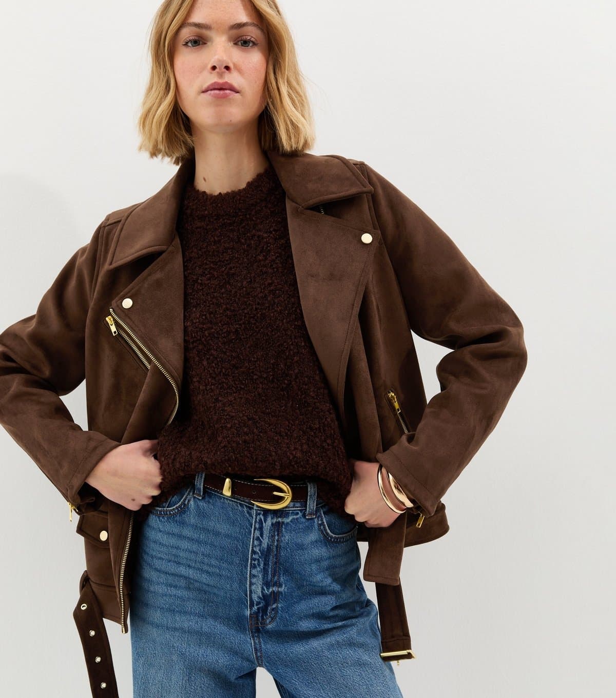 New Look Women's Dark Brown Oversized Faux Suede Biker Jacket New Look