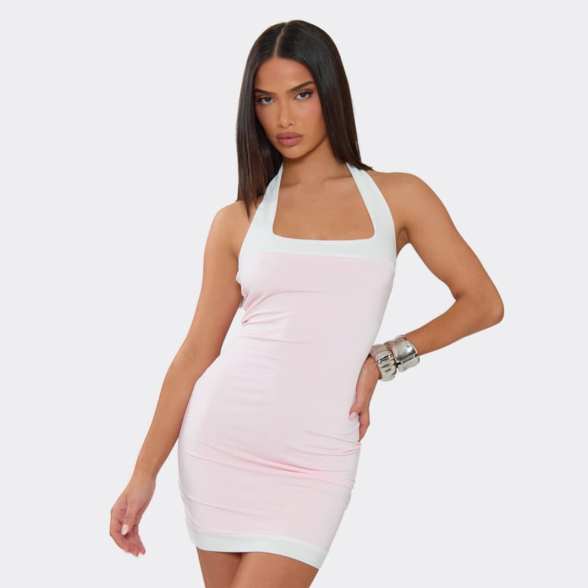 EGO Contrast Trim Halterneck Mini Dress In Pink, Women's Size UK 6 - 1