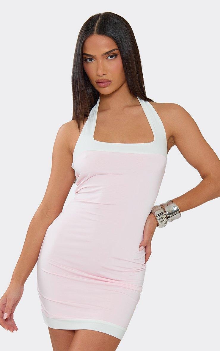 EGO Contrast Trim Halterneck Mini Dress In Pink, Women's Size UK 6 - 2