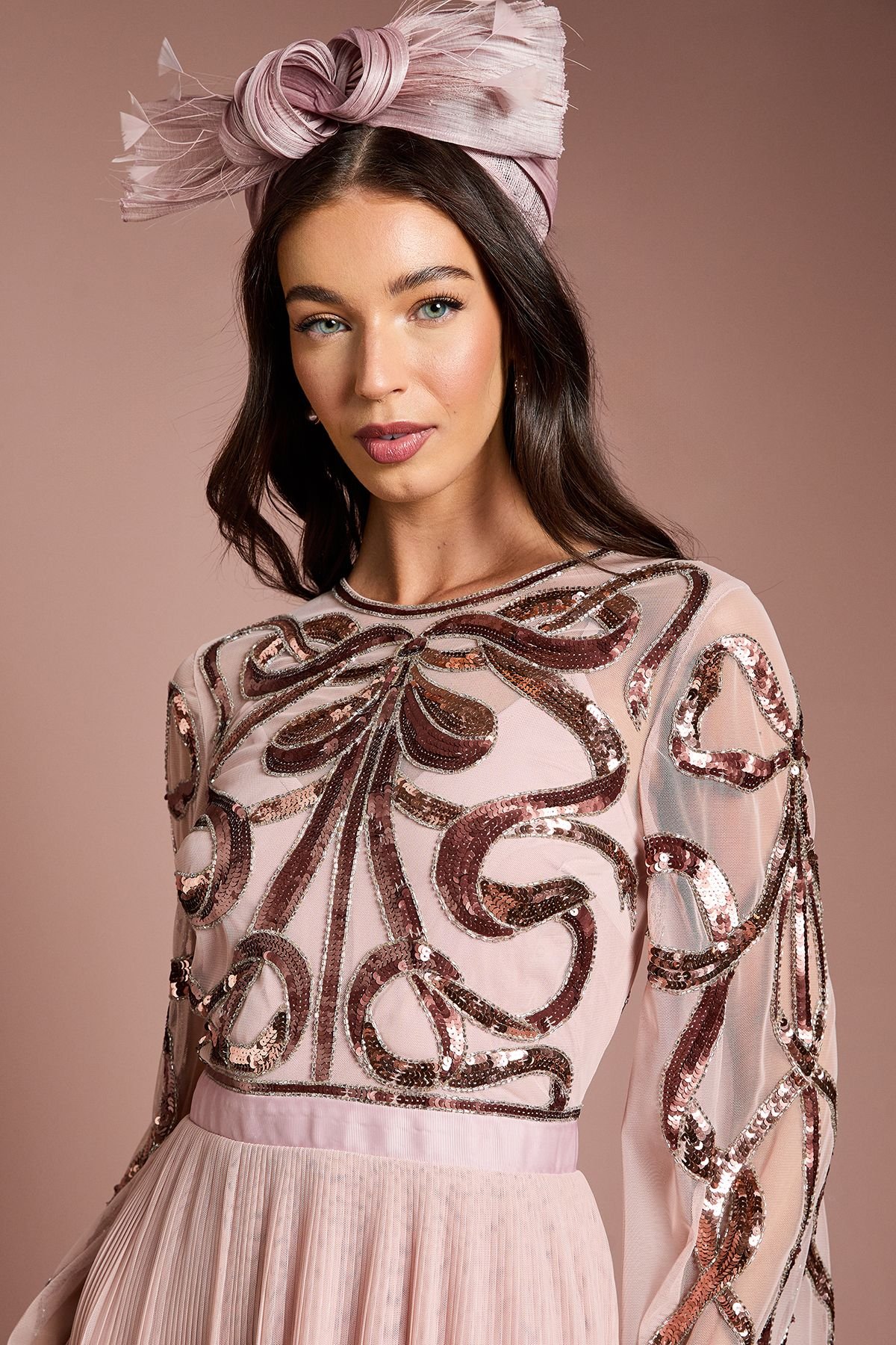 Coast Coast Women's Lisa Tan Bow Embellished Long Sleeve Midi Dress in Antique Rose - 4