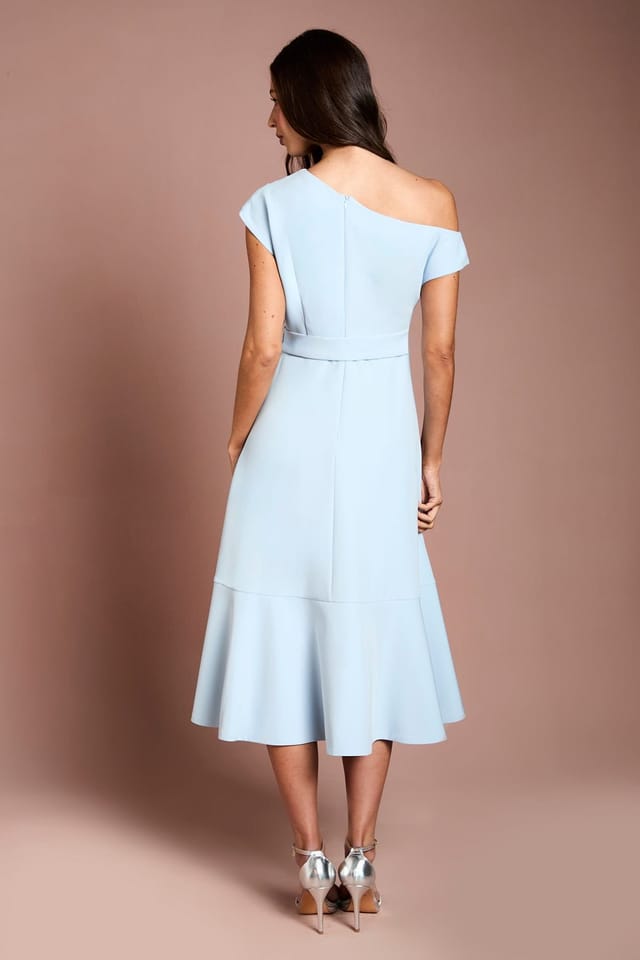 Coast Coast Women's Petite Drape Shoulder Frill Detail Crepe Midi Dress in Light Blue - 3