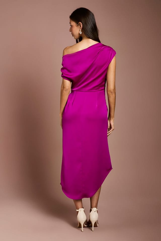Coast Coast Women's Satin Ruched One Shoulder Asymmetric Hem Midi Dress in Dark Pink - 3