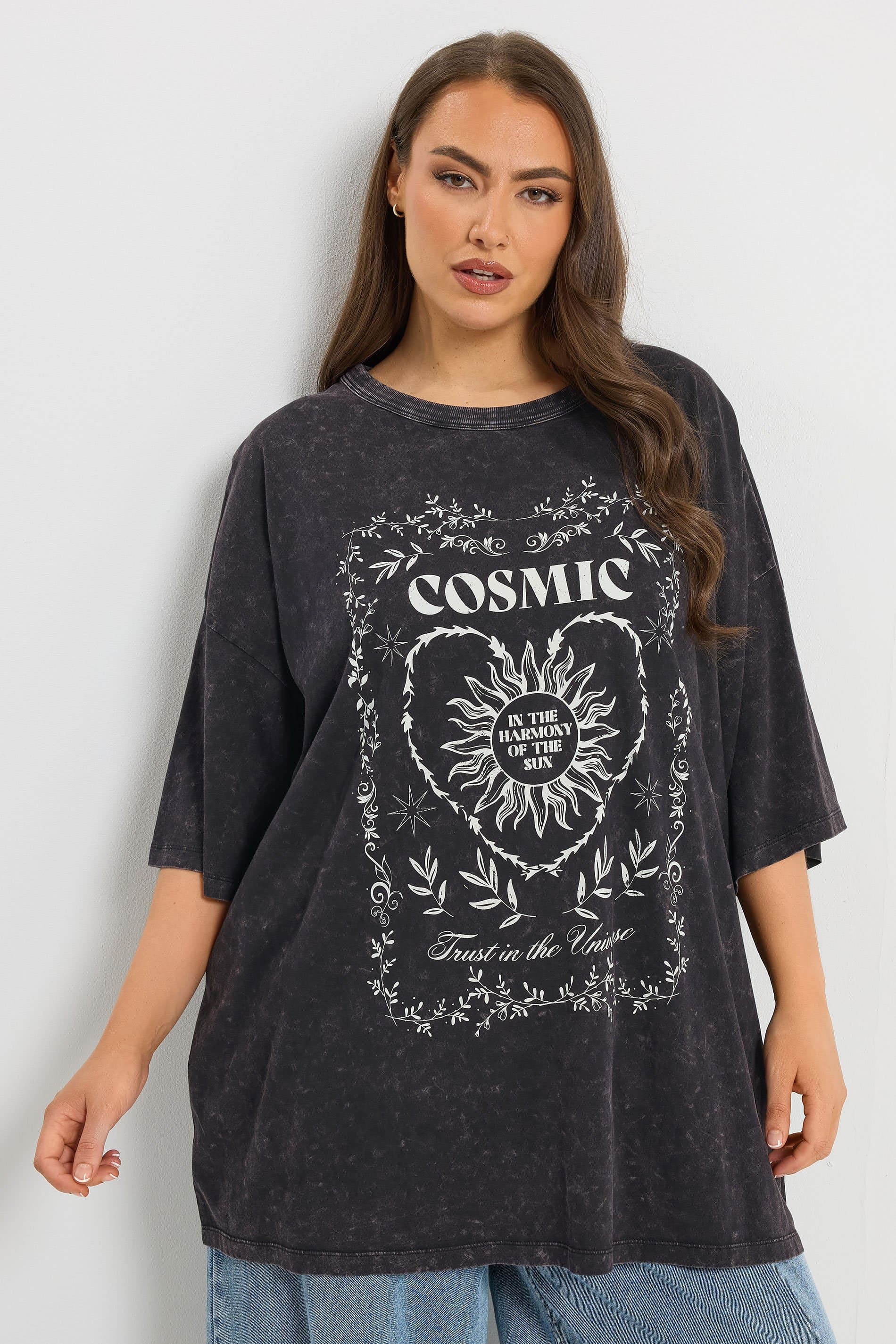 Yours Plus Size Grey 'Cosmic' Acid Wash Boxy Tshirt