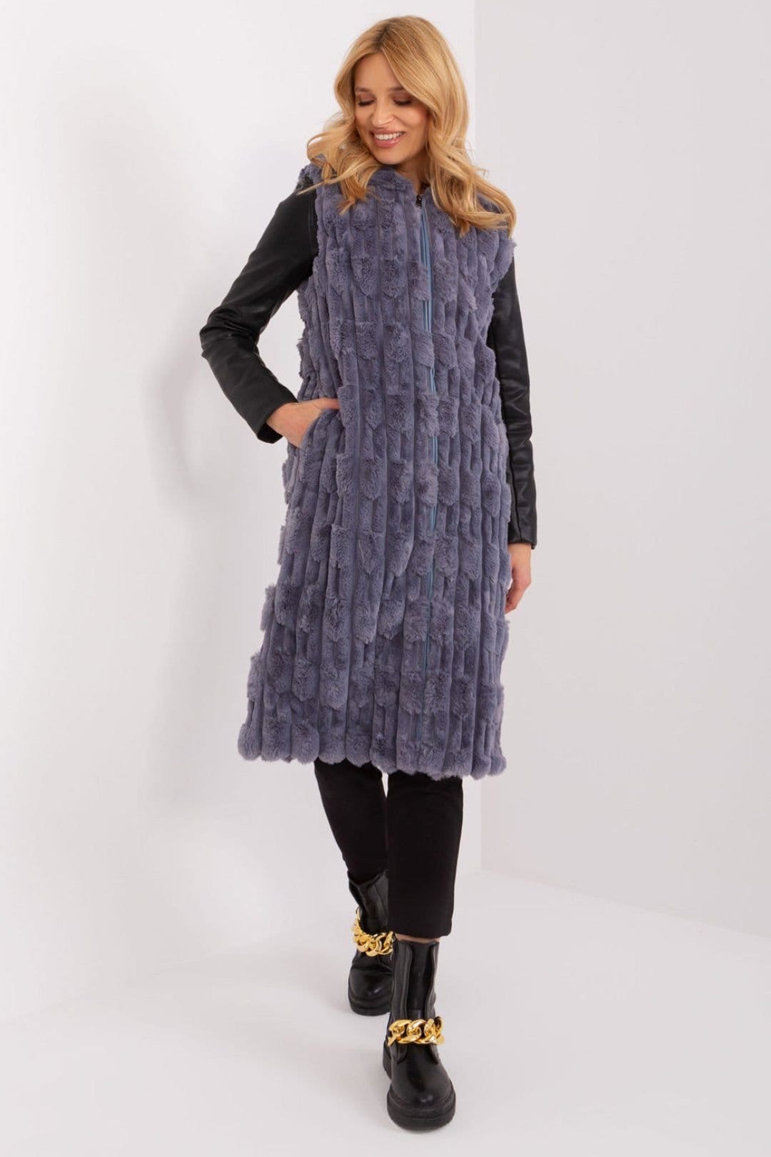 Love Lace Grey Faux Fur Hooded Vest with Zipper Pockets