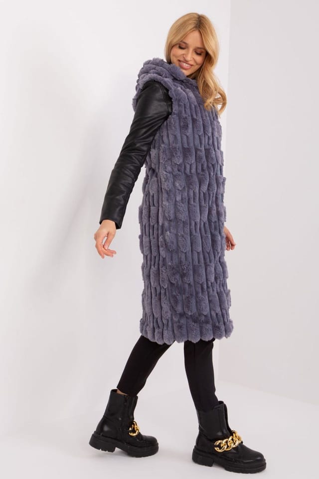 Love Lace Love Lace Women's Hooded Faux Fur Vest with Zipper Pockets in Grey - 2