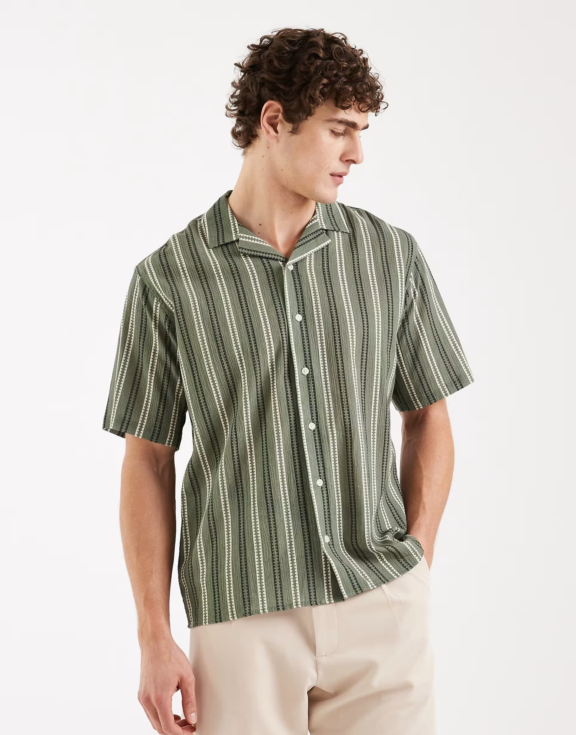 ASOS Redefined Rebel Howie boxy fit short sleeve stripe shirt in green