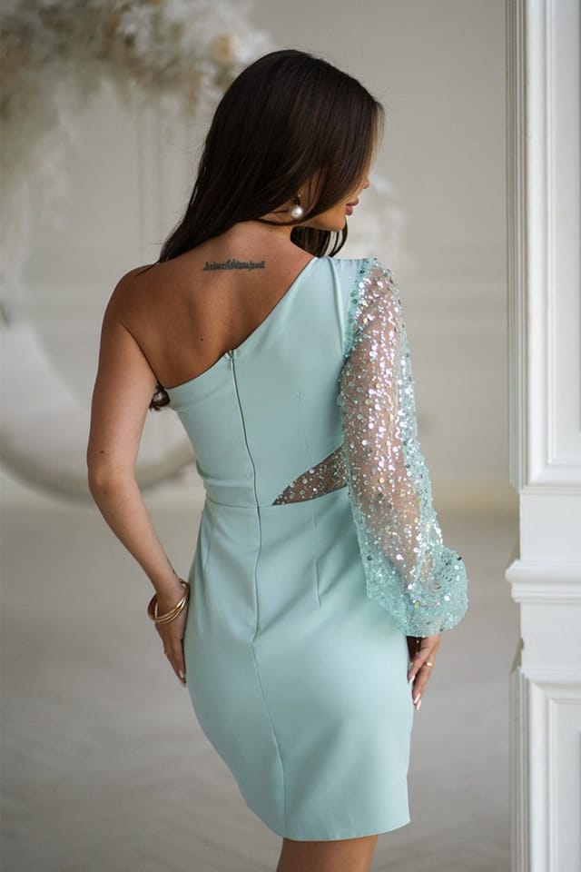 Love Lace Love Lace Women's Asymmetric One Shoulder Sequin Mini Dress Style 219683 in Green - 3