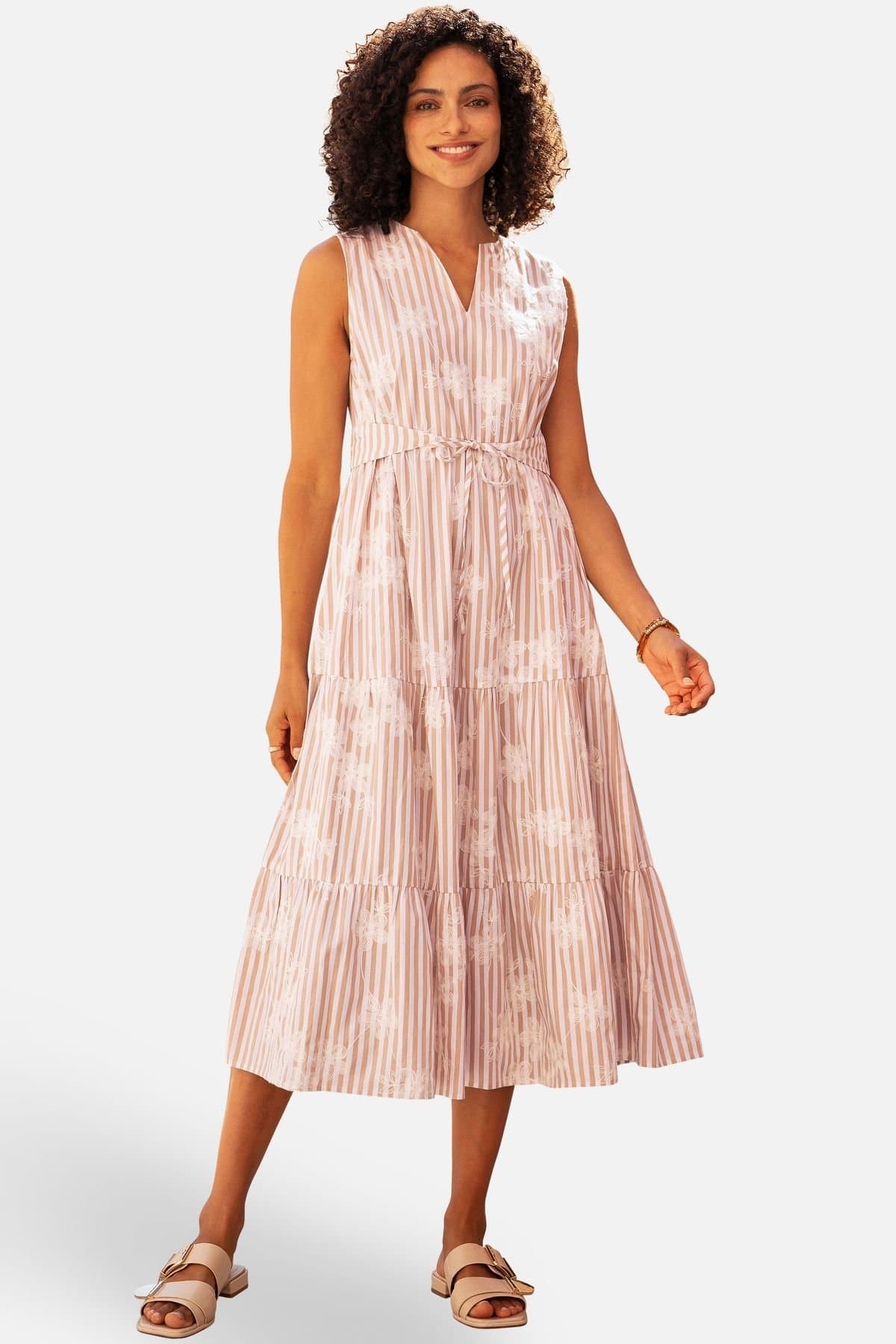 Yumi Yumi Women's Brown Stripe With Embroidered Flower Cotton Dress in Light Tan