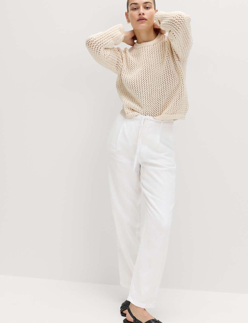 Marks & Spencer M&S Pure Linen Pleat Front Belted Tapered Trousers White