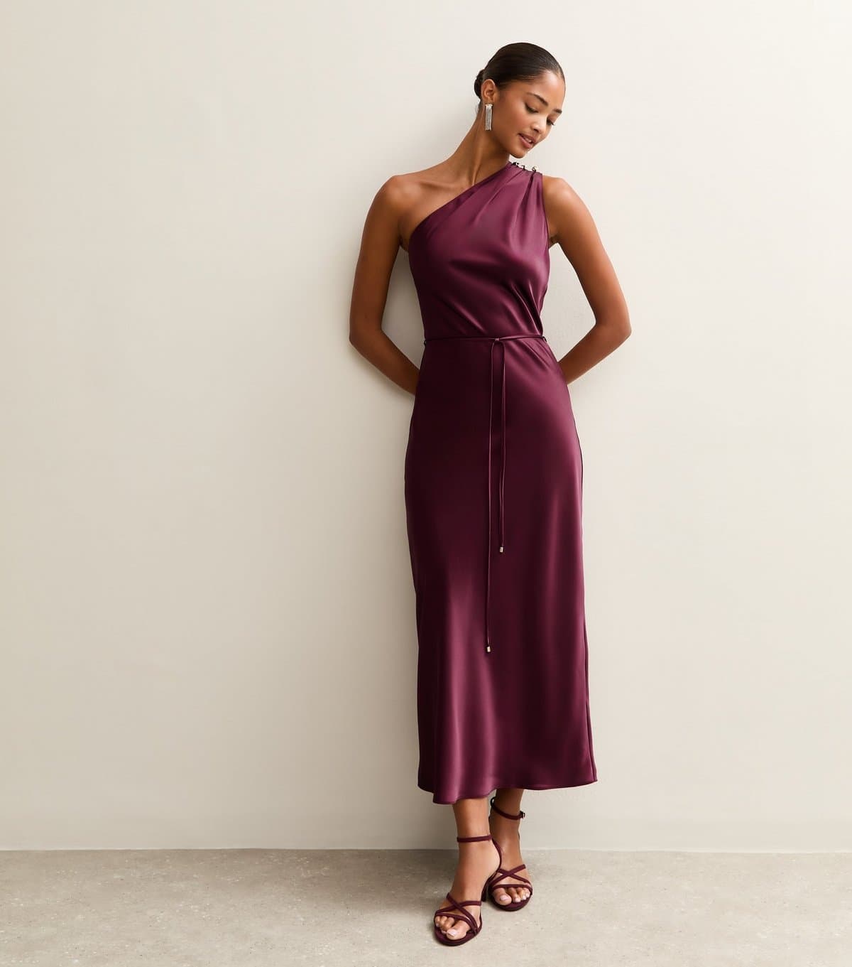 New Look Women's Dark Burgundy Satin One Shoulder Tie Waist Midi Dress New Look