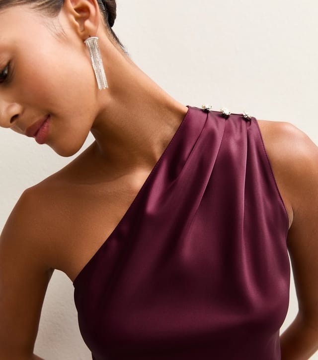 New Look Women's Dark Burgundy Satin One Shoulder Tie Waist Midi Dress New Look - 2