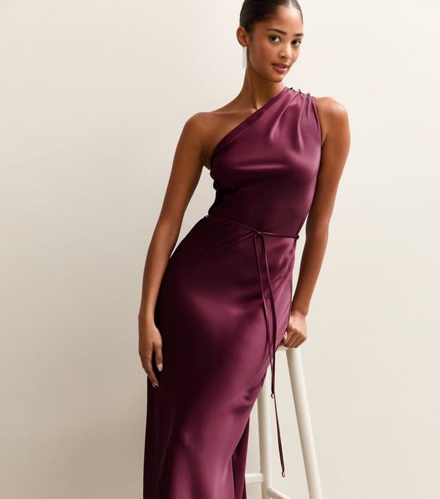 New Look Women's Dark Burgundy Satin One Shoulder Tie Waist Midi Dress New Look - 3