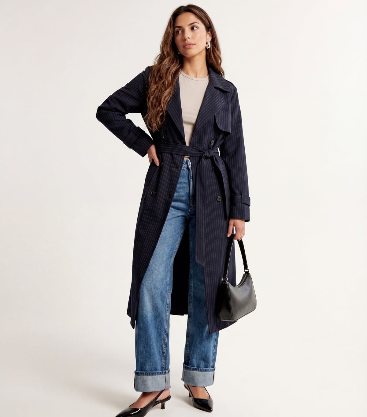 Urban Bliss Women's Navy Striped Trench Coat Urban Bliss New Look