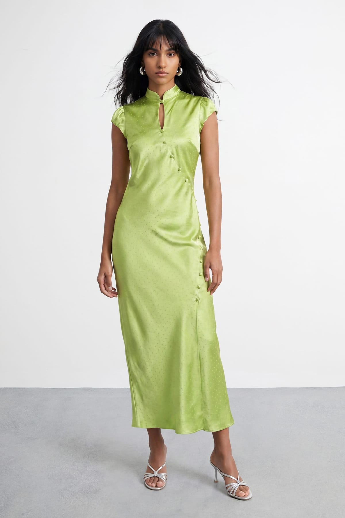 Warehouse Warehouse Women's Satin Jacquard Wrap Detail Midi Dress in Green - 1
