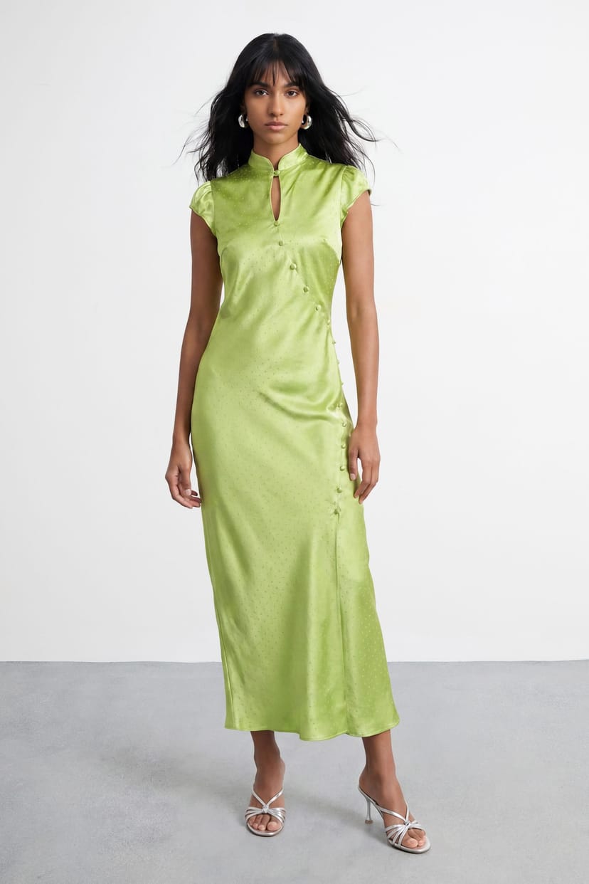 Warehouse Warehouse Women's Satin Jacquard Wrap Detail Midi Dress in Green - 1
