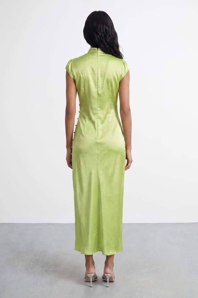 Warehouse Warehouse Women's Satin Jacquard Wrap Detail Midi Dress in Green - 3