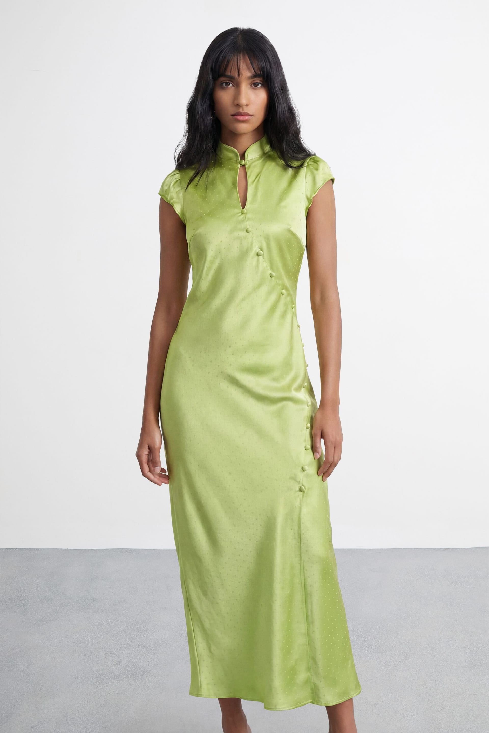 Warehouse Warehouse Women's Satin Jacquard Wrap Detail Midi Dress in Green - 4