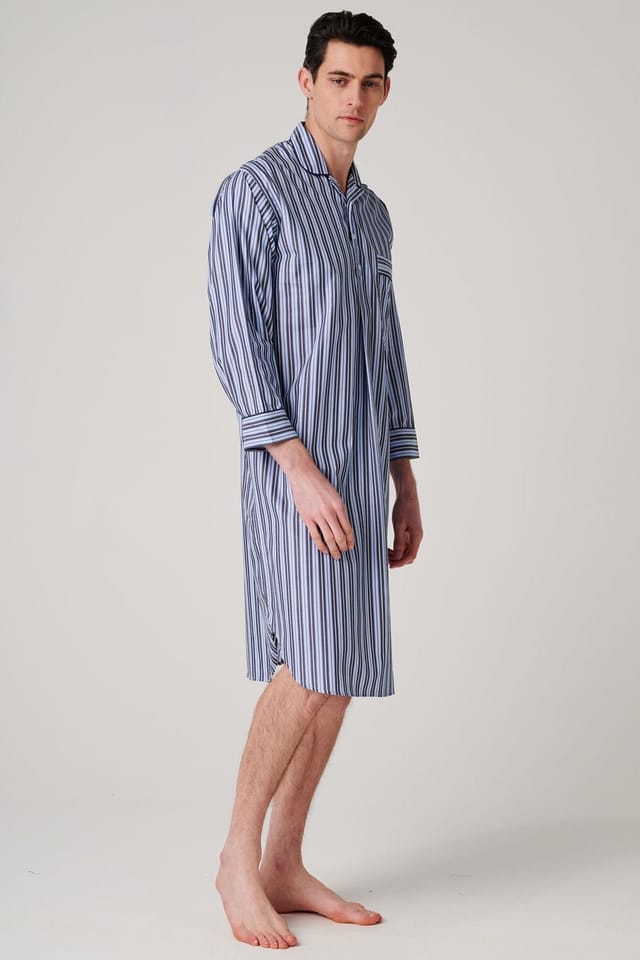 British Boxers British Boxers Men's "Navy Spark Stripe" Crisp Cotton Nightshirt in Mid Navy - 2