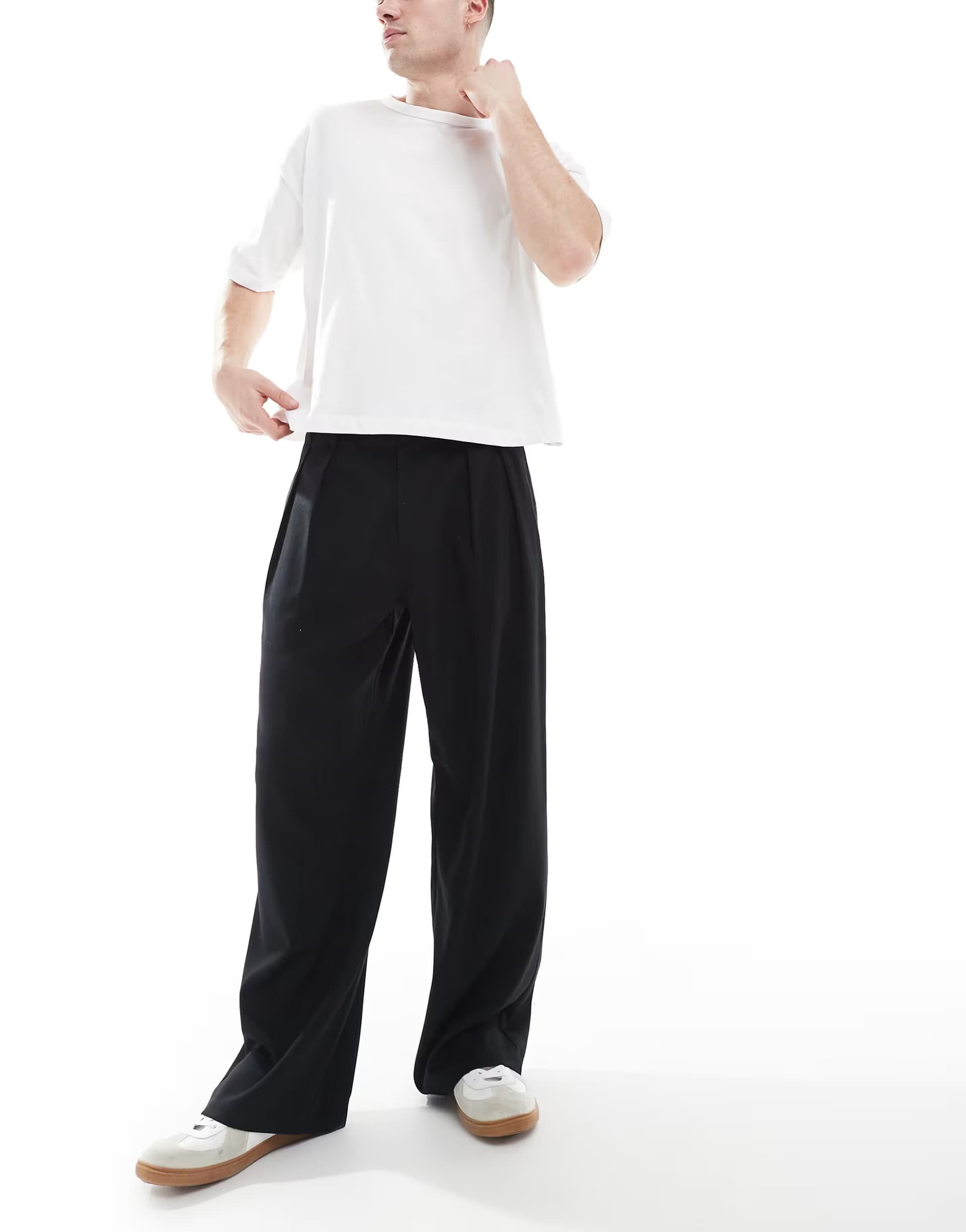 ASOS Cotton On baggy fit pleated trousers in black