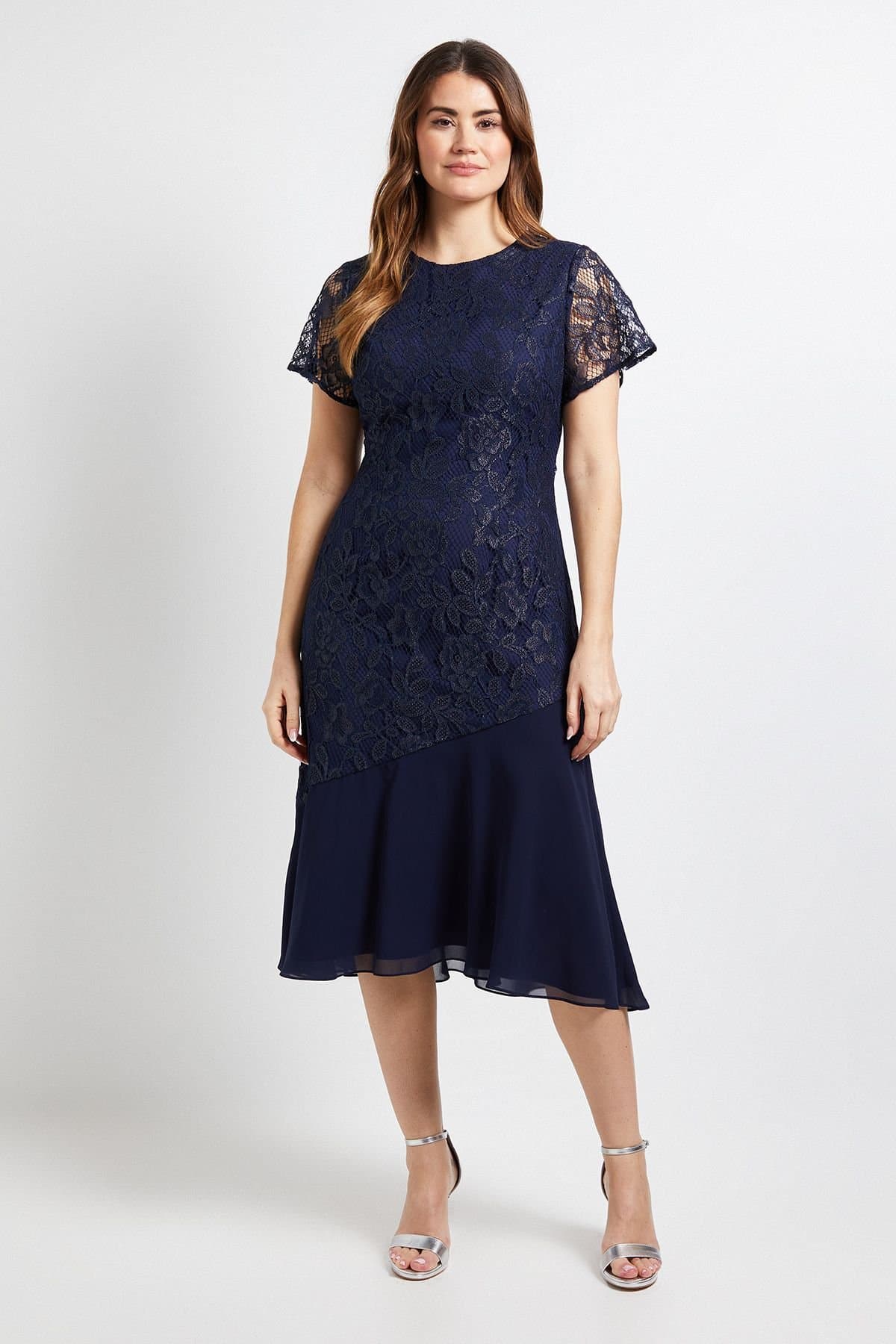 Wallis Wallis Women's Lace Asymmetric Midi Dress in Navy