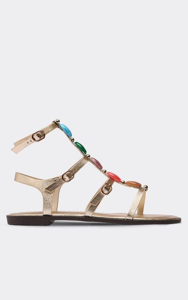 EGO Annie Stone Detail Strappy Gladiator Sandal In Gold Faux Leather, Women's Size UK 3 - 2