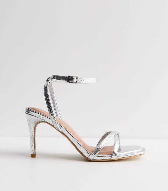 New Look Women's Silver Faux Leather Snake Embossed Strappy Stiletto Sandals Vegan New Look - 2