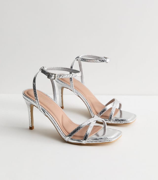New Look Women's Silver Faux Leather Snake Embossed Strappy Stiletto Sandals Vegan New Look - 3