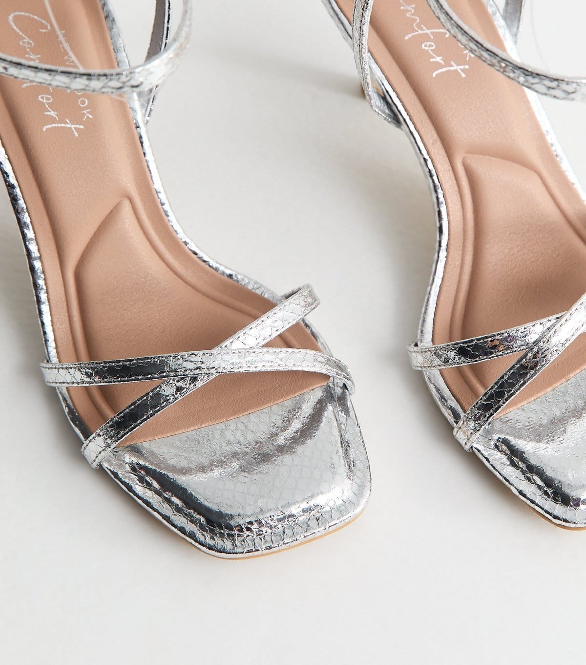 New Look Women's Silver Faux Leather Snake Embossed Strappy Stiletto Sandals Vegan New Look - 4