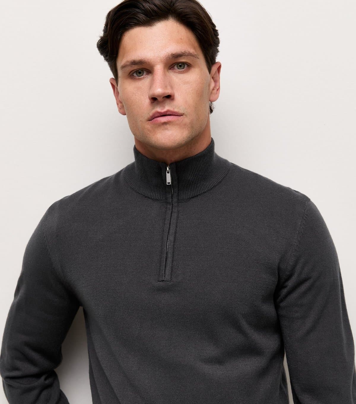 New Look Men's Dark Grey Slim Fit Quarter Zip Funnel Neck Knitted Jumper New Look