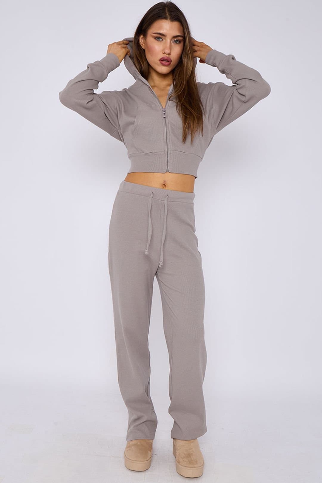 STYLEWISE STYLEWISE Women's Cropped Zip Hoodie & Flared Trouser Set - Interlock - Co-ord Set in Light Grey
