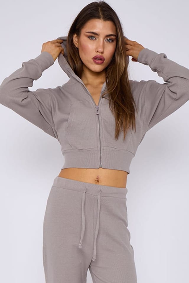STYLEWISE STYLEWISE Women's Cropped Zip Hoodie & Flared Trouser Set - Interlock - Co-ord Set in Light Grey - 3
