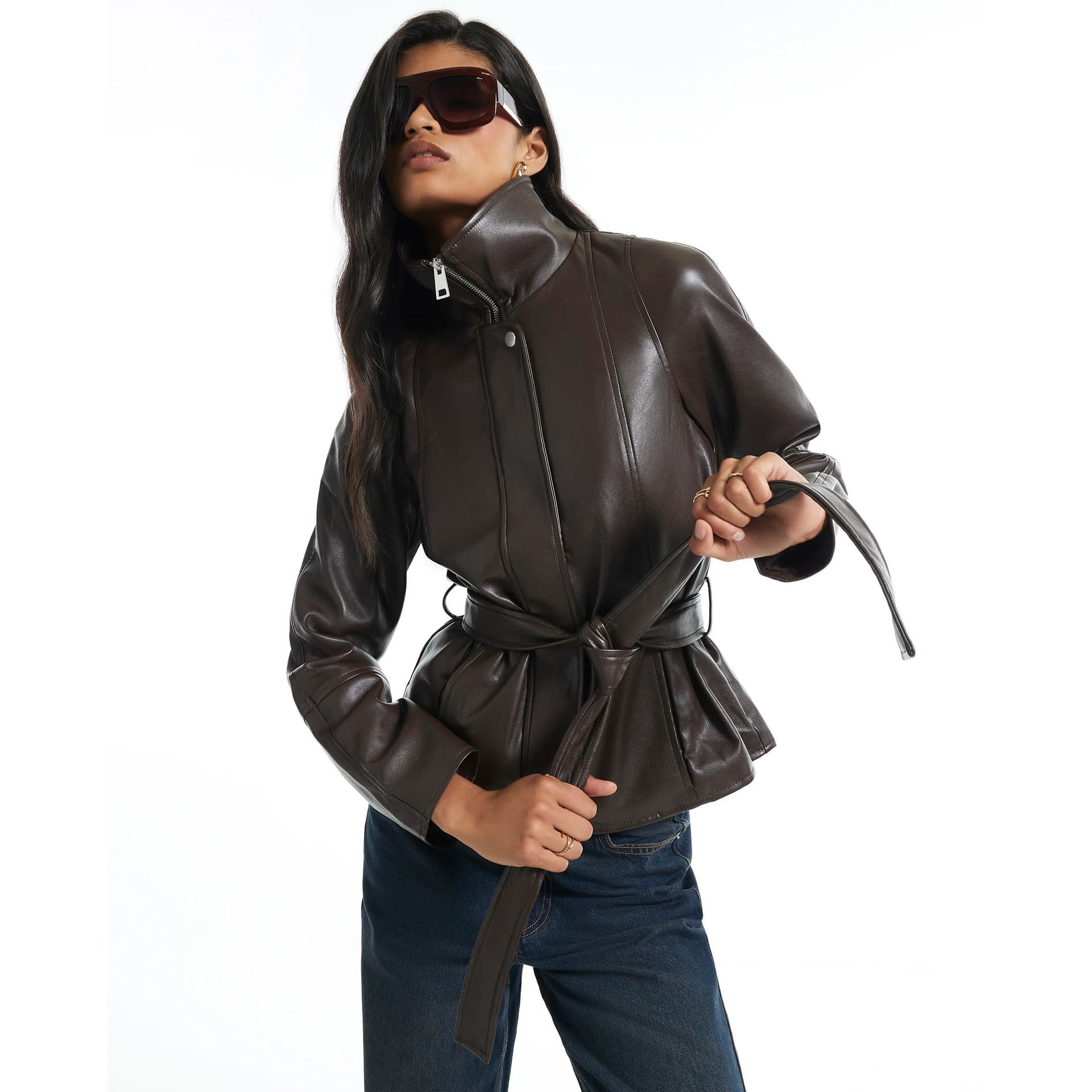 River Island River Island Womens Brown Faux Leather Belted Funnel Neck Jacket