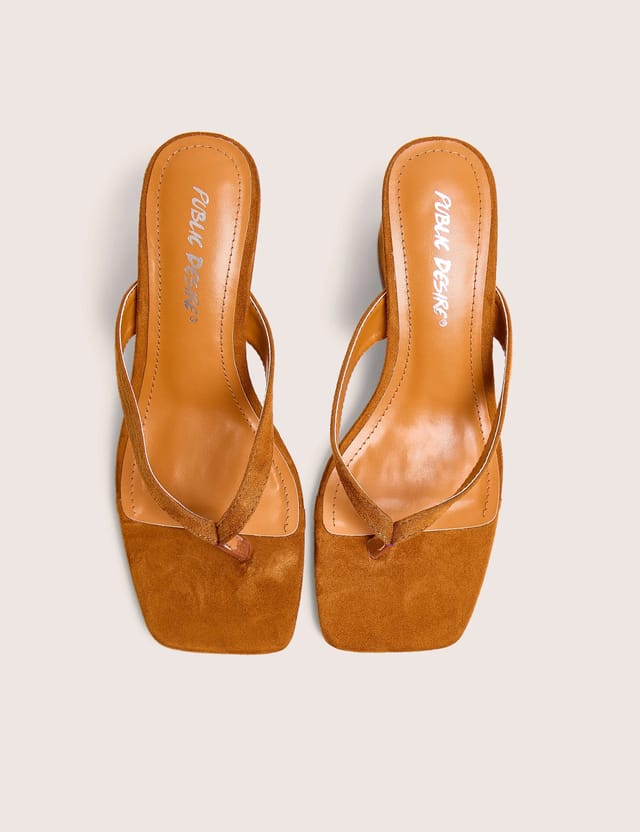 Public Desire Luisa Tan Faux Suede Flip Flop Wedge Heels - 2