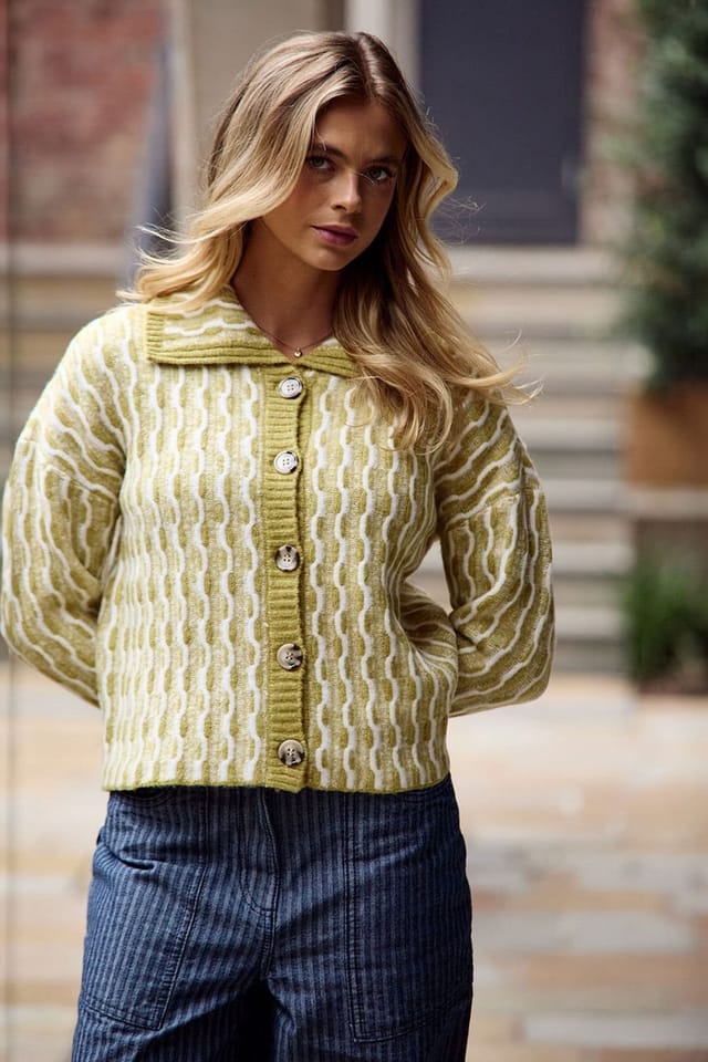 Native Youth Native Youth Women's Textured Jacquard Wide Collar Button Cardigan in Green - 2
