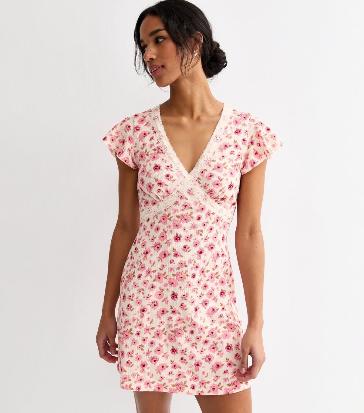 New Look Women's Pink Floral Lace Trim Mini Dress New Look