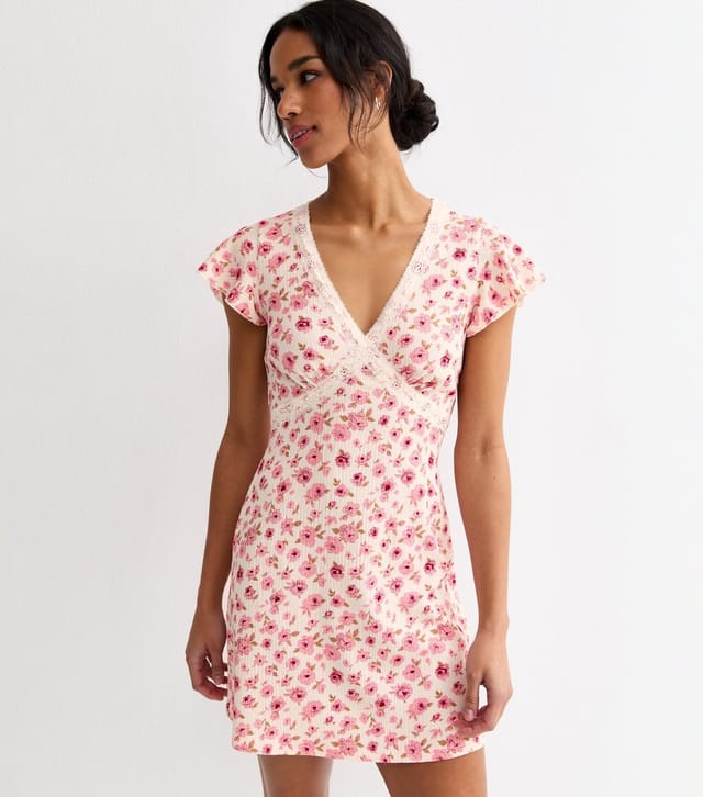 New Look Women's Pink Floral Lace Trim Mini Dress New Look - 2